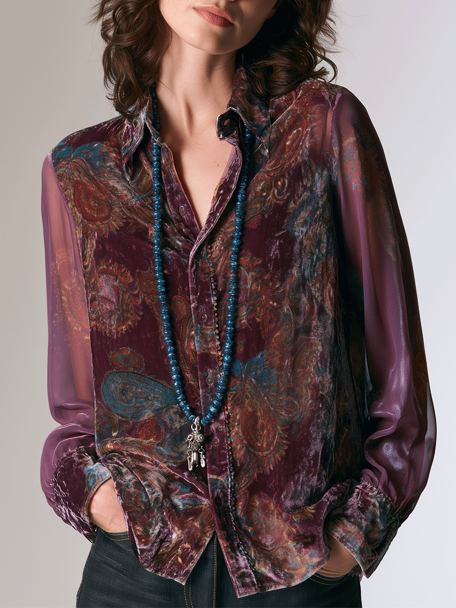 Bohemian Chic Paisley Velvet Semi-Sheer Relaxed Merlot Blouse