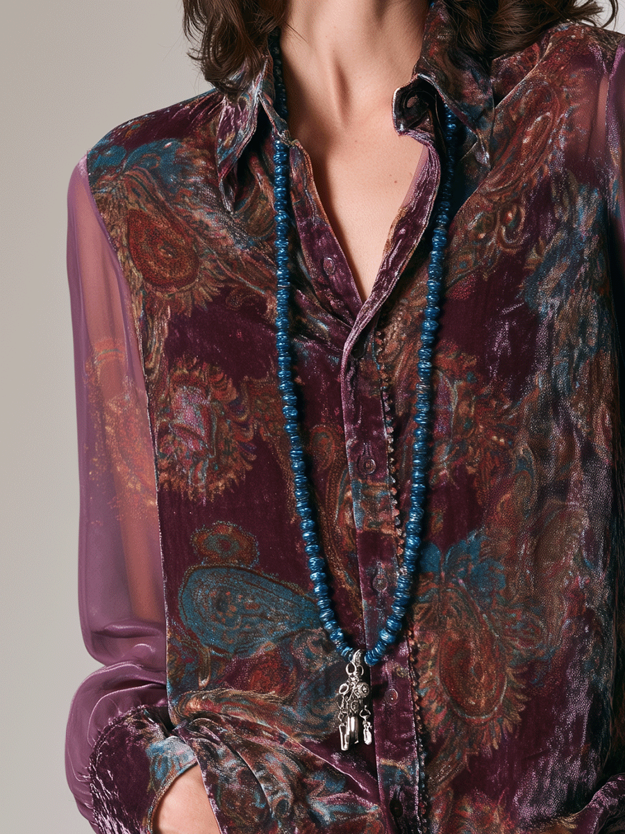 Bohemian Chic Paisley Velvet Semi-Sheer Relaxed Merlot Blouse