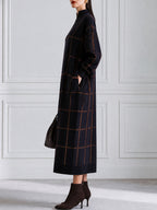 Grid Pattern Half Zip High Neck Knit Midi Dress