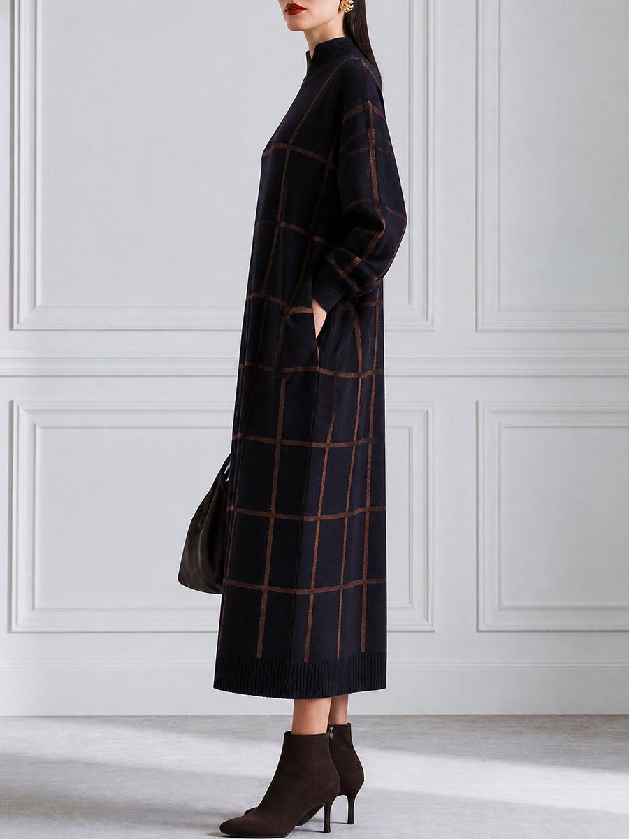 Grid Pattern Half Zip High Neck Knit Midi Dress