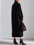 Grid Pattern Half Zip High Neck Knit Midi Dress