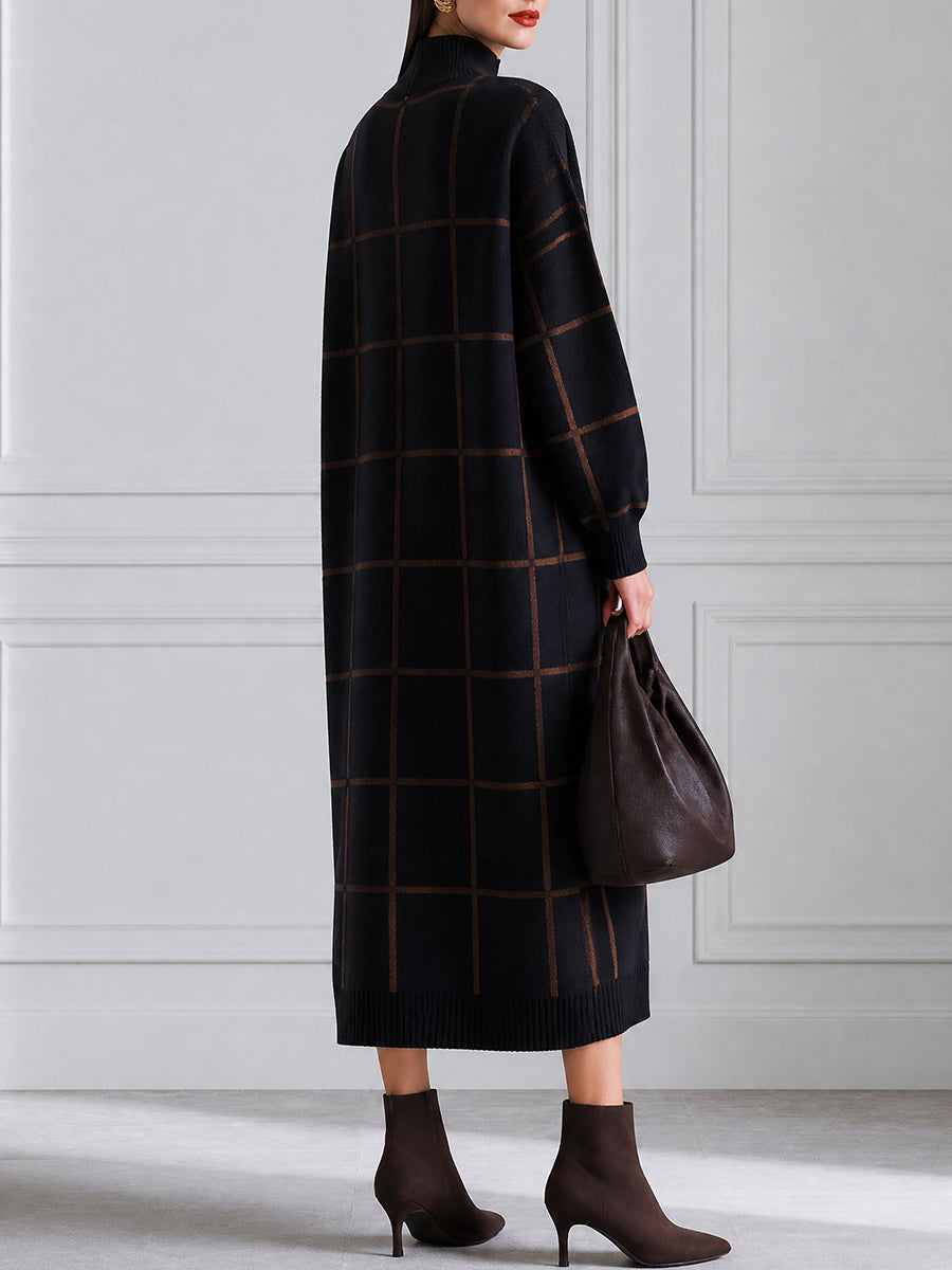 Grid Pattern Half Zip High Neck Knit Midi Dress