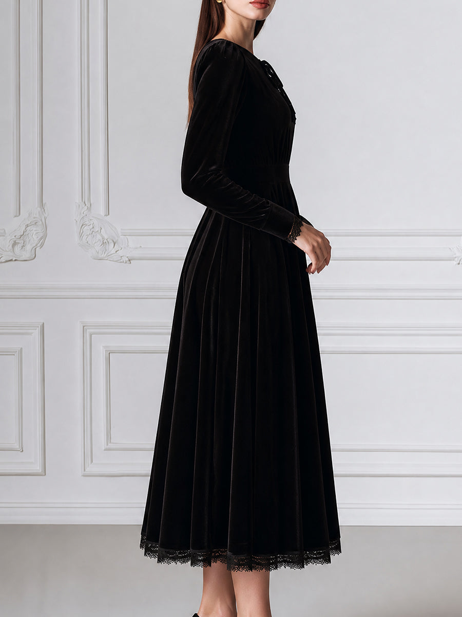 Velvet Bow Detail Long Sleeve A-Line Midi Dress