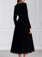Velvet Bow Detail Long Sleeve A-Line Midi Dress