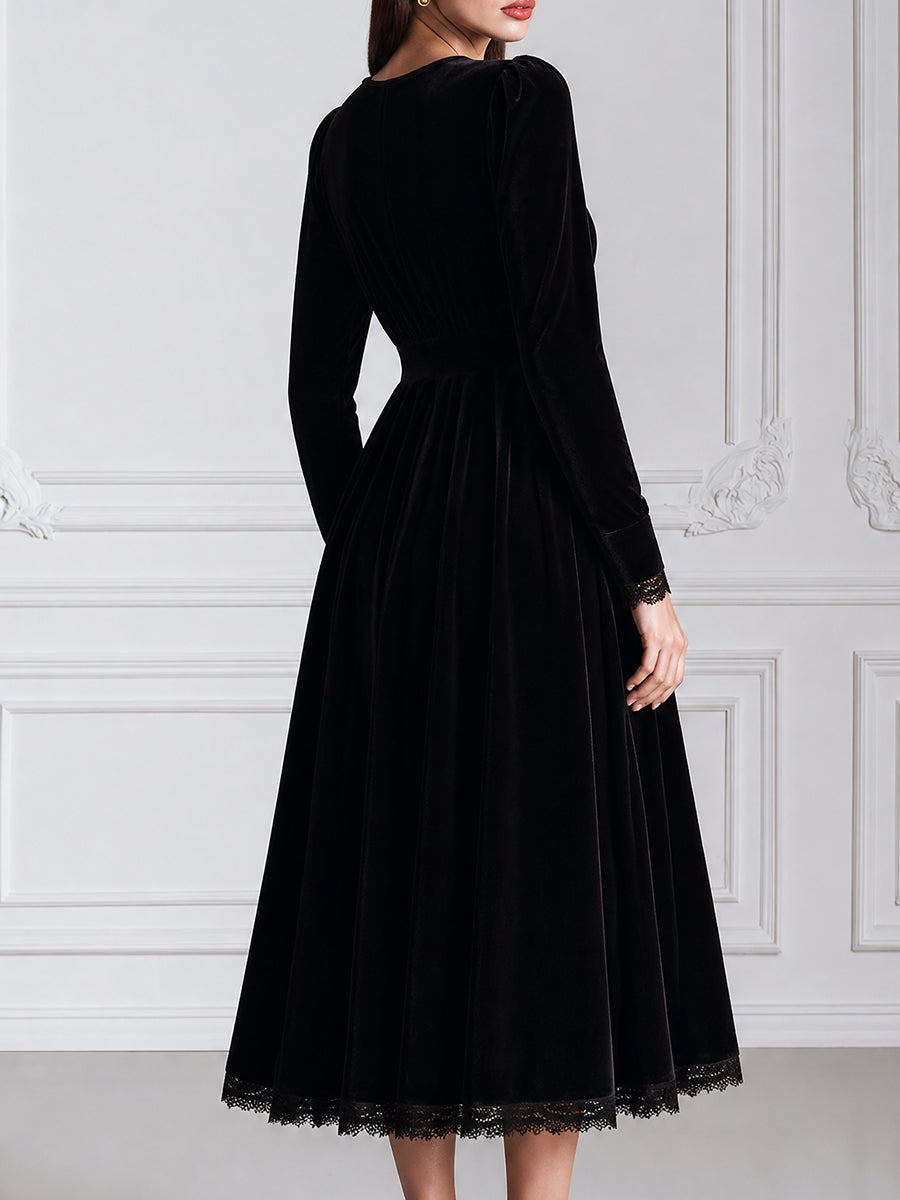 Velvet Bow Detail Long Sleeve A-Line Midi Dress