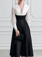 Elegant Colorblock V-Neck Long Sleeve Midi Dress
