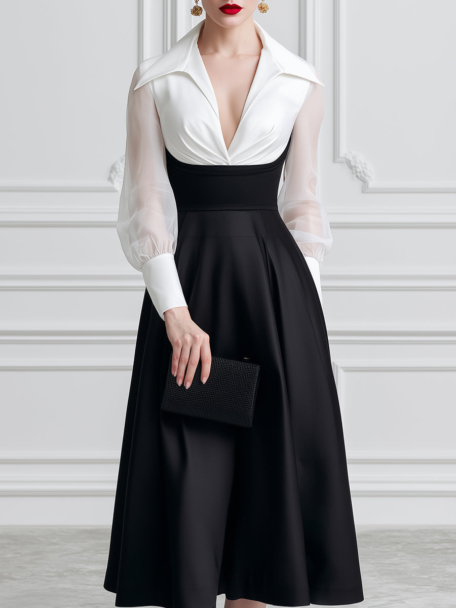 Elegant Colorblock V-Neck Long Sleeve Midi Dress