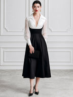 Elegant Colorblock V-Neck Long Sleeve Midi Dress