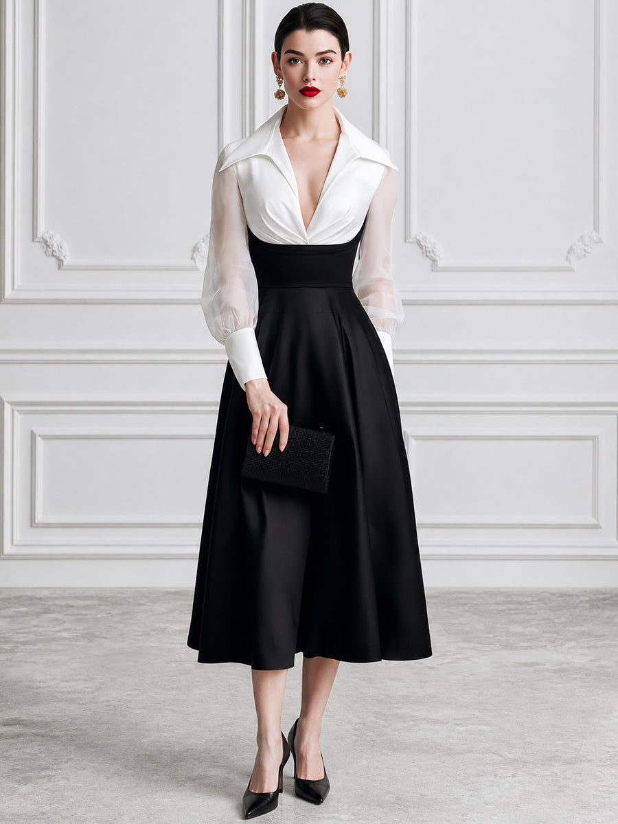 Elegant Colorblock V-Neck Long Sleeve Midi Dress