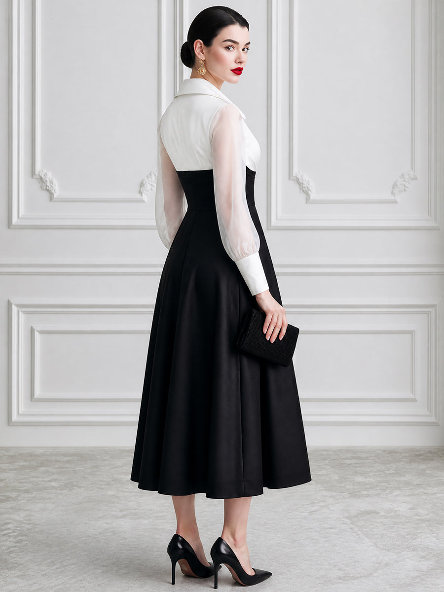 Elegant Colorblock V-Neck Long Sleeve Midi Dress