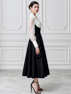 Elegant Colorblock V-Neck Long Sleeve Midi Dress