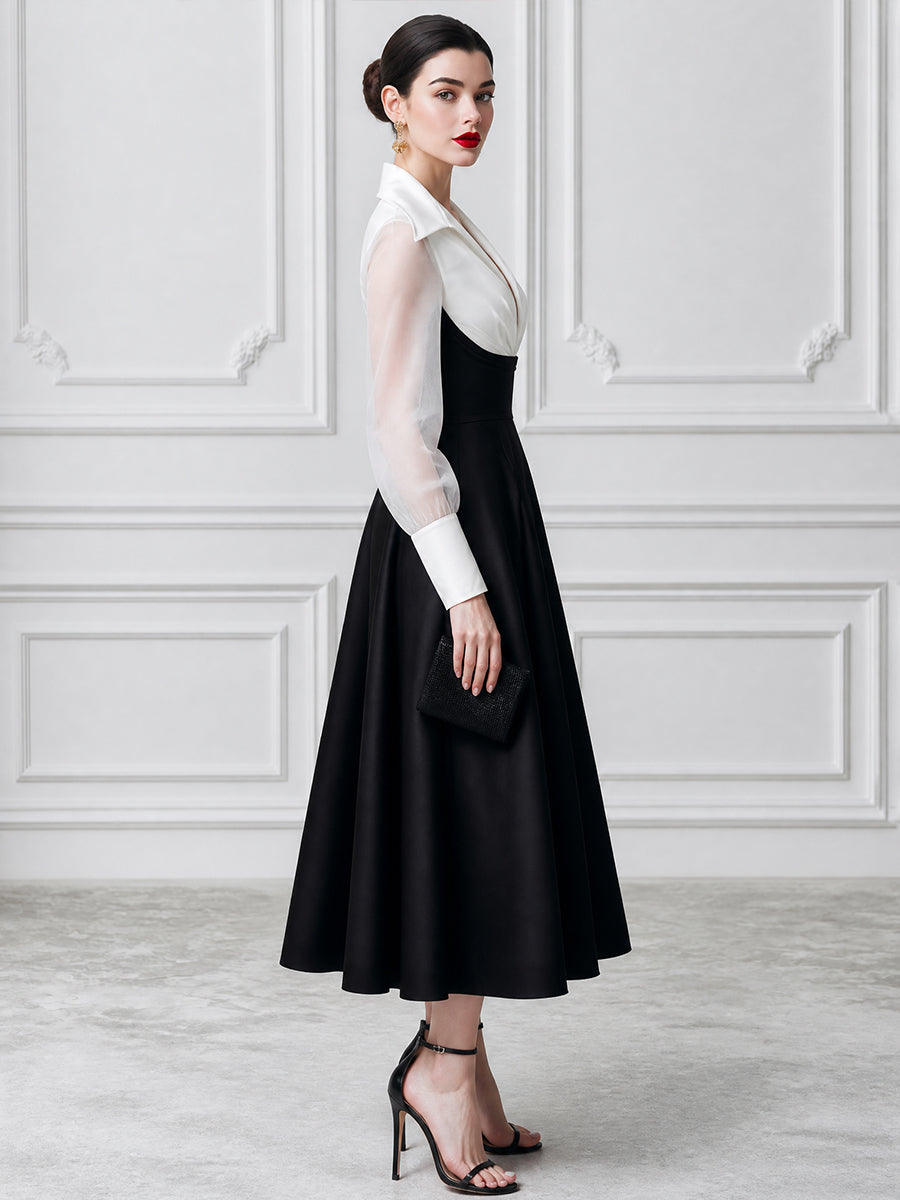 Elegant Colorblock V-Neck Long Sleeve Midi Dress