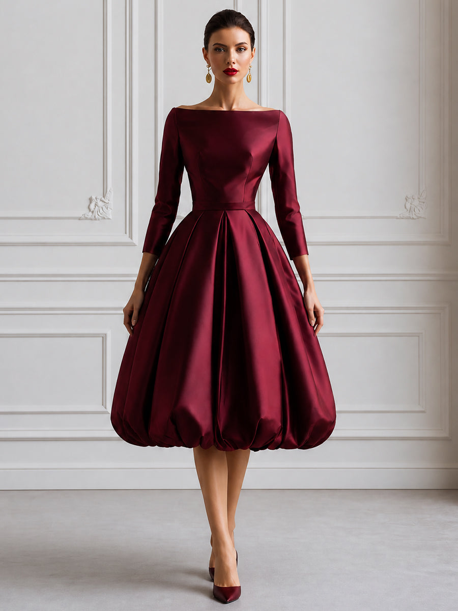 Elegant Burgundy Satin Off-Shoulder Bubble Hem Midi Dress