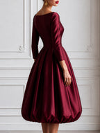 Elegant Burgundy Satin Off-Shoulder Bubble Hem Midi Dress