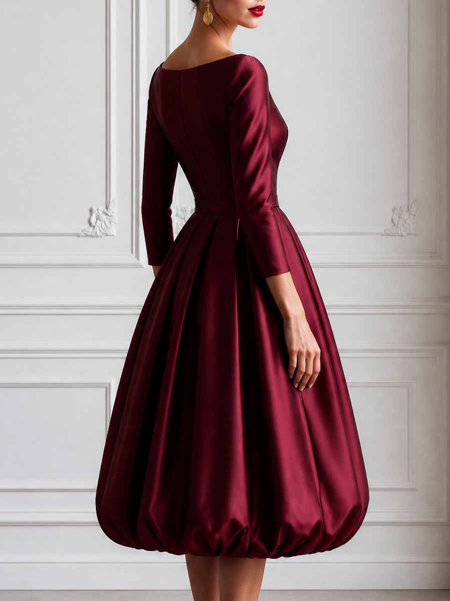 Elegant Burgundy Satin Off-Shoulder Bubble Hem Midi Dress