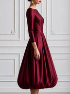 Elegant Burgundy Satin Off-Shoulder Bubble Hem Midi Dress