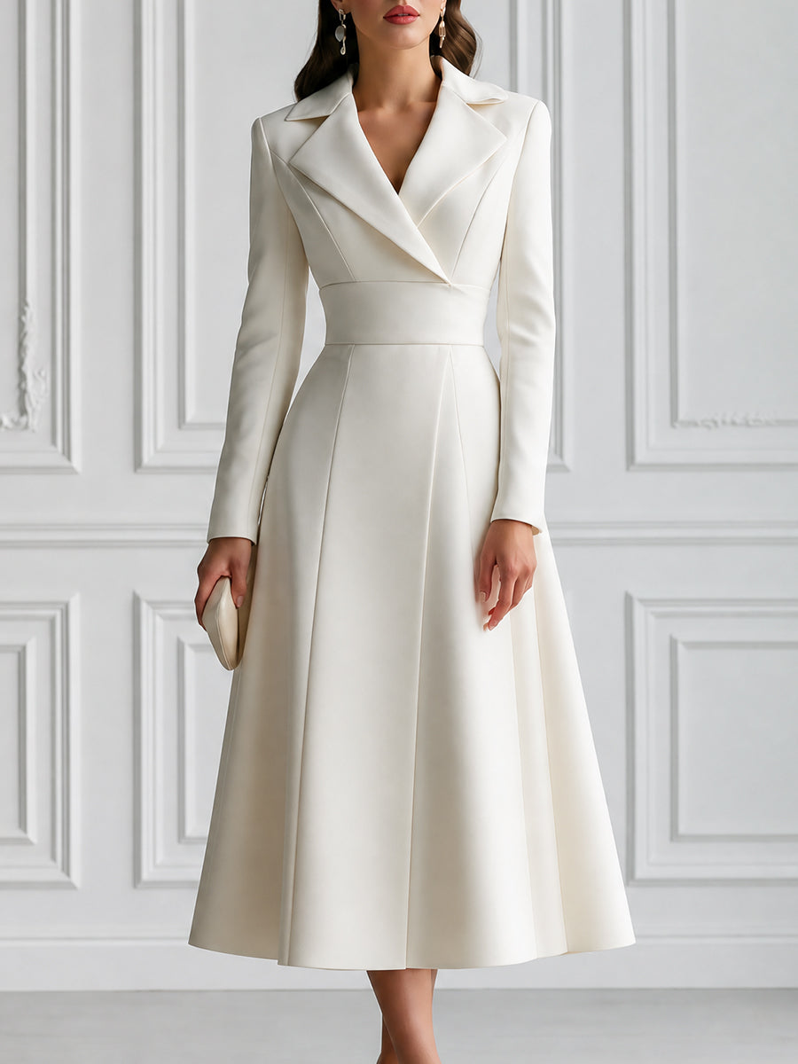 Elegant Notched Lapel Long Sleeve A-Line Midi Dress