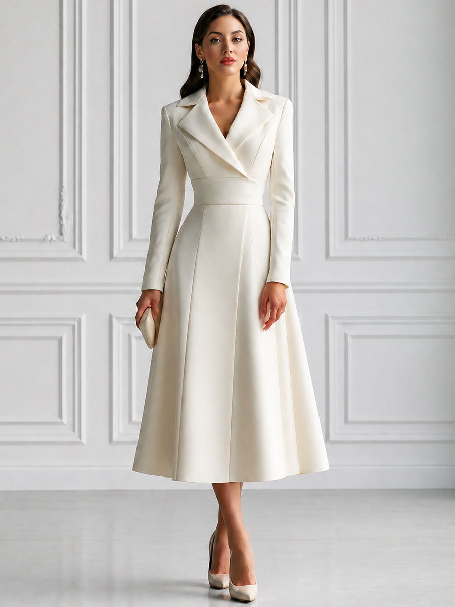 Elegant Notched Lapel Long Sleeve A-Line Midi Dress