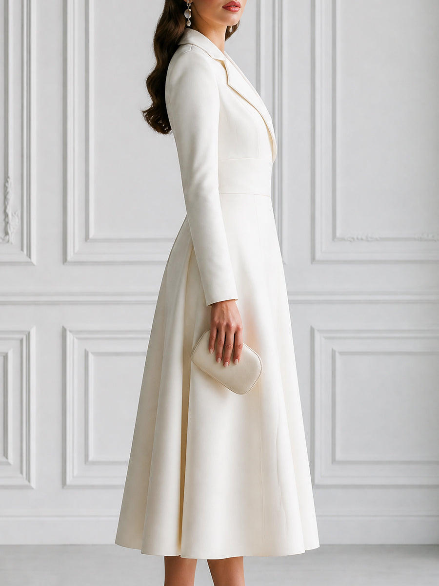 Elegant Notched Lapel Long Sleeve A-Line Midi Dress