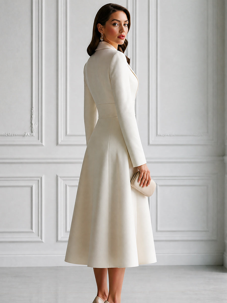 Elegant Notched Lapel Long Sleeve A-Line Midi Dress