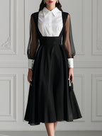 Contrast Collar Sheer Sleeve A-Line Midi Dress