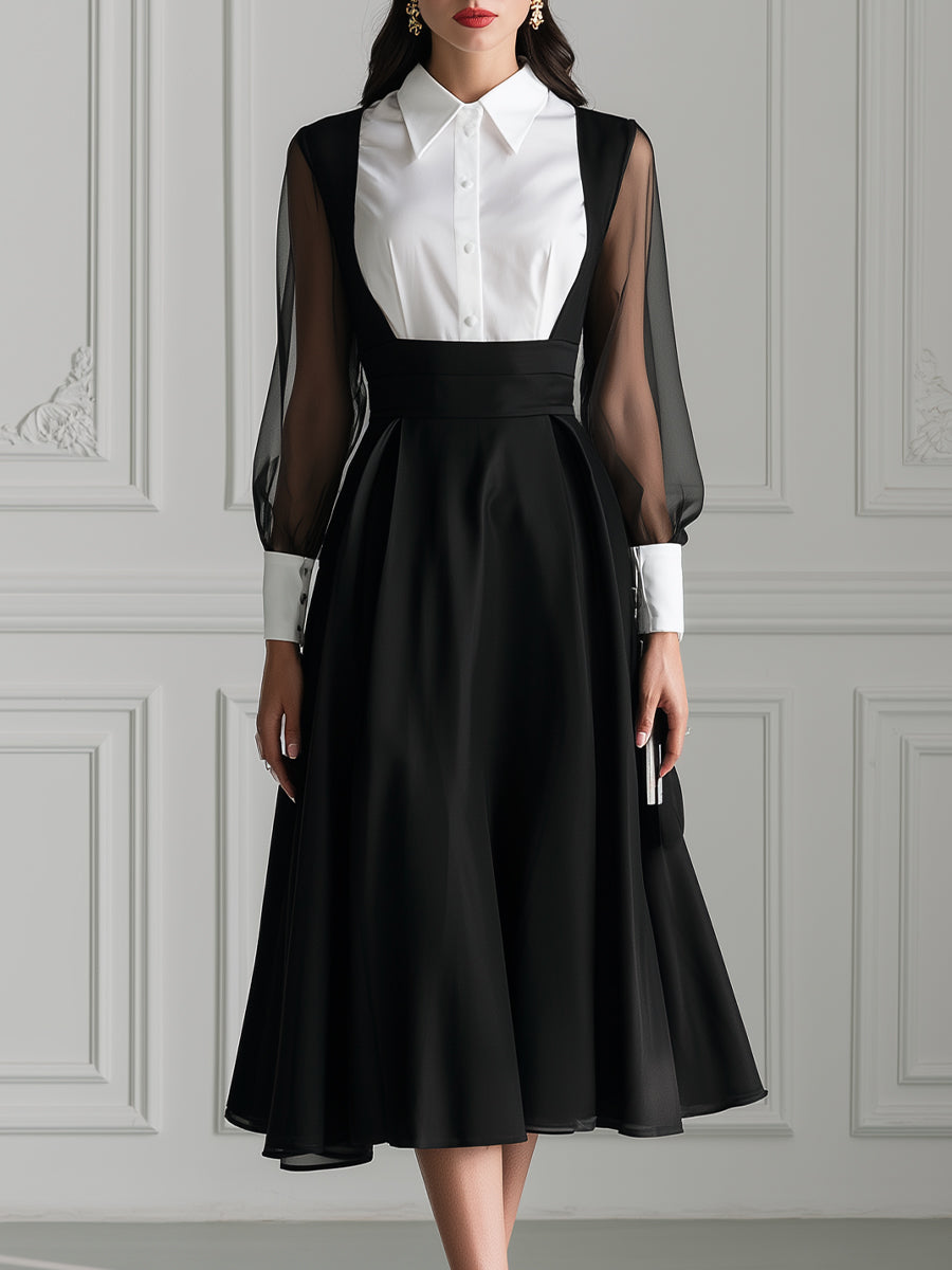 Contrast Collar Sheer Sleeve A-Line Midi Dress