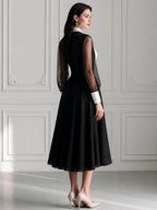 Contrast Collar Sheer Sleeve A-Line Midi Dress