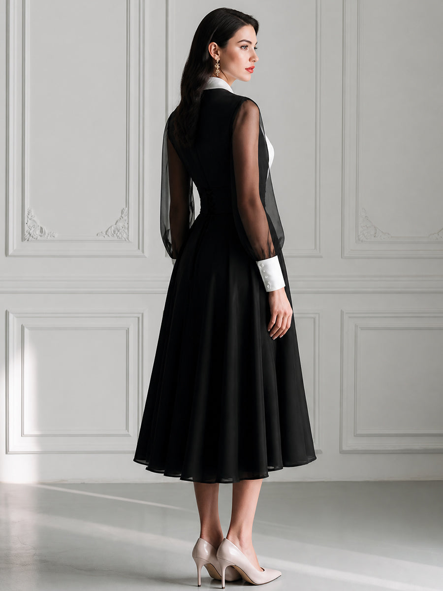 Contrast Collar Sheer Sleeve A-Line Midi Dress