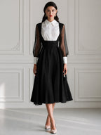 Contrast Collar Sheer Sleeve A-Line Midi Dress