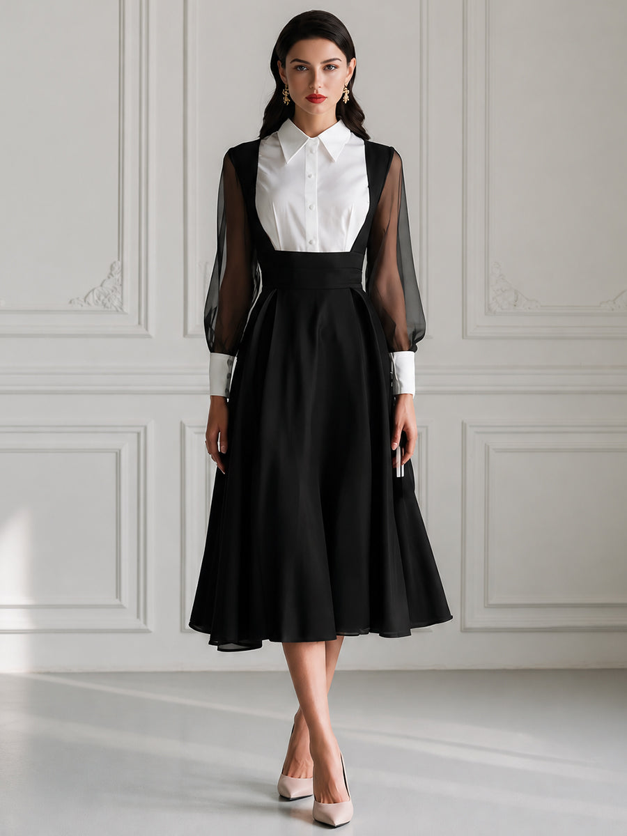 Contrast Collar Sheer Sleeve A-Line Midi Dress