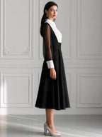 Contrast Collar Sheer Sleeve A-Line Midi Dress
