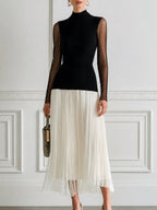 Mock Neck Sheer Sleeve Ribbed Knit Top Pleated Contrast Midi Dress