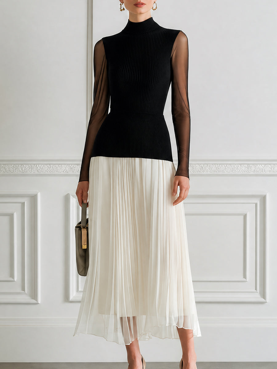 Mock Neck Sheer Sleeve Ribbed Knit Top Pleated Contrast Midi Dress