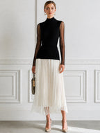 Mock Neck Sheer Sleeve Ribbed Knit Top Pleated Contrast Midi Dress