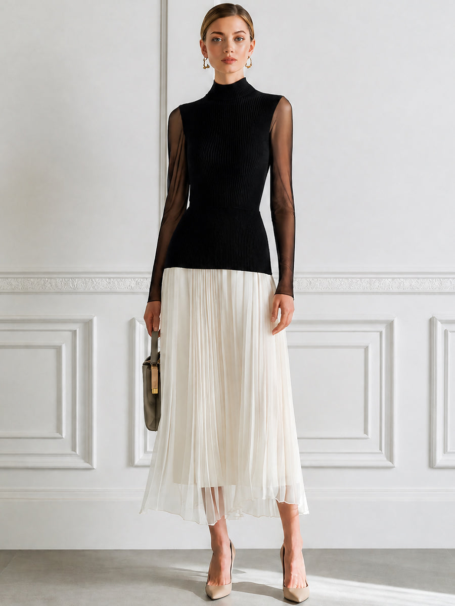 Mock Neck Sheer Sleeve Ribbed Knit Top Pleated Contrast Midi Dress