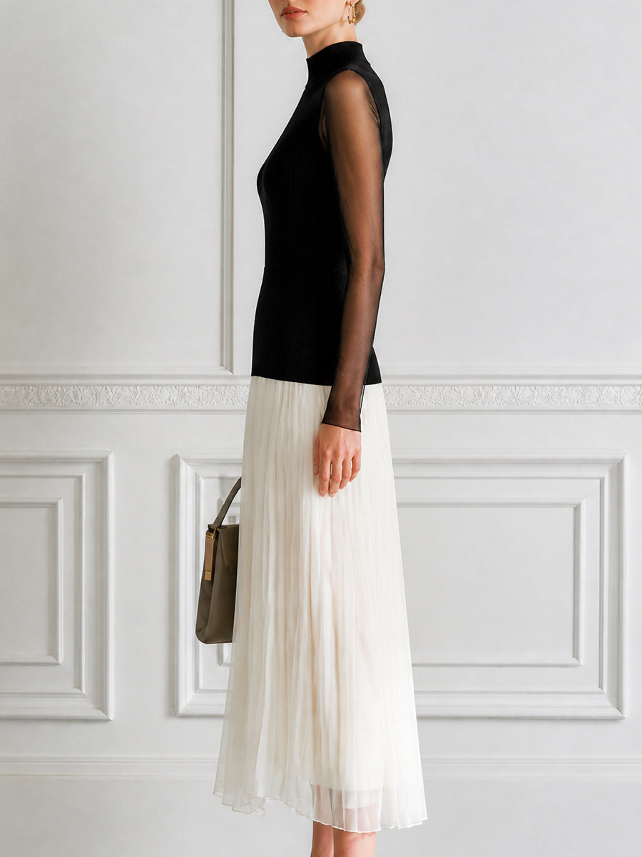 Mock Neck Sheer Sleeve Ribbed Knit Top Pleated Contrast Midi Dress