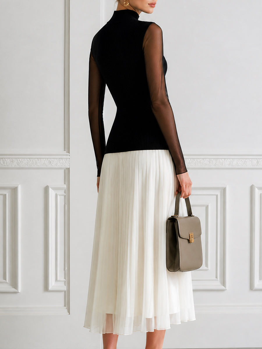 Mock Neck Sheer Sleeve Ribbed Knit Top Pleated Contrast Midi Dress