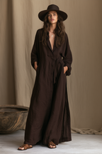 Women's Long Sleeve Belted Deep V Neckline Maxi Shirt Dress