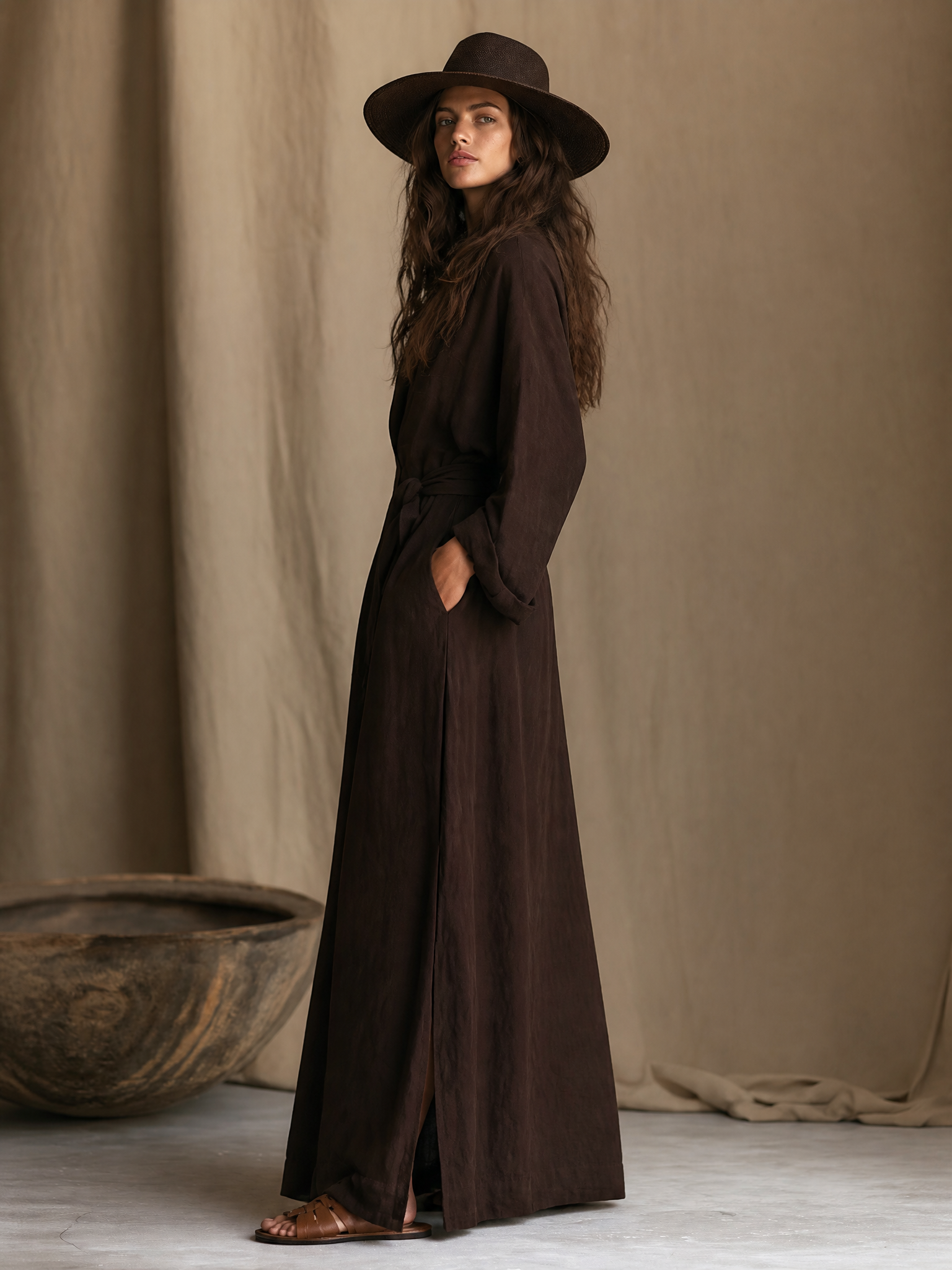 Women's Long Sleeve Belted Deep V Neckline Maxi Shirt Dress
