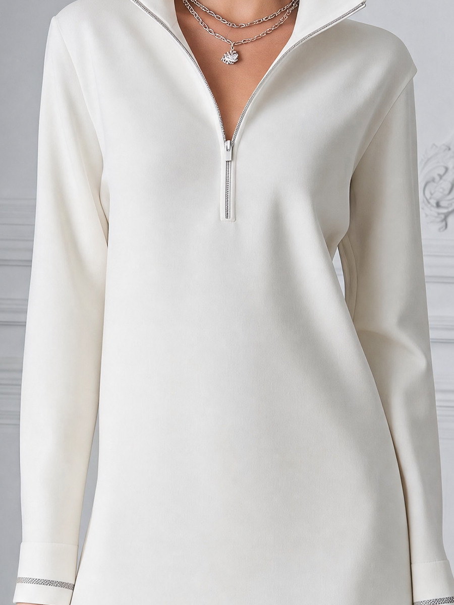 White Half Zip Stand Collar Sweatshirt