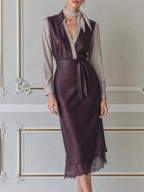 Lace Burgundy Color Block Satin Midi Dress