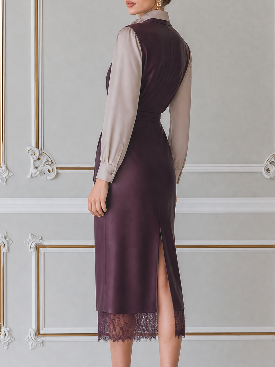 Lace Burgundy Color Block Satin Midi Dress