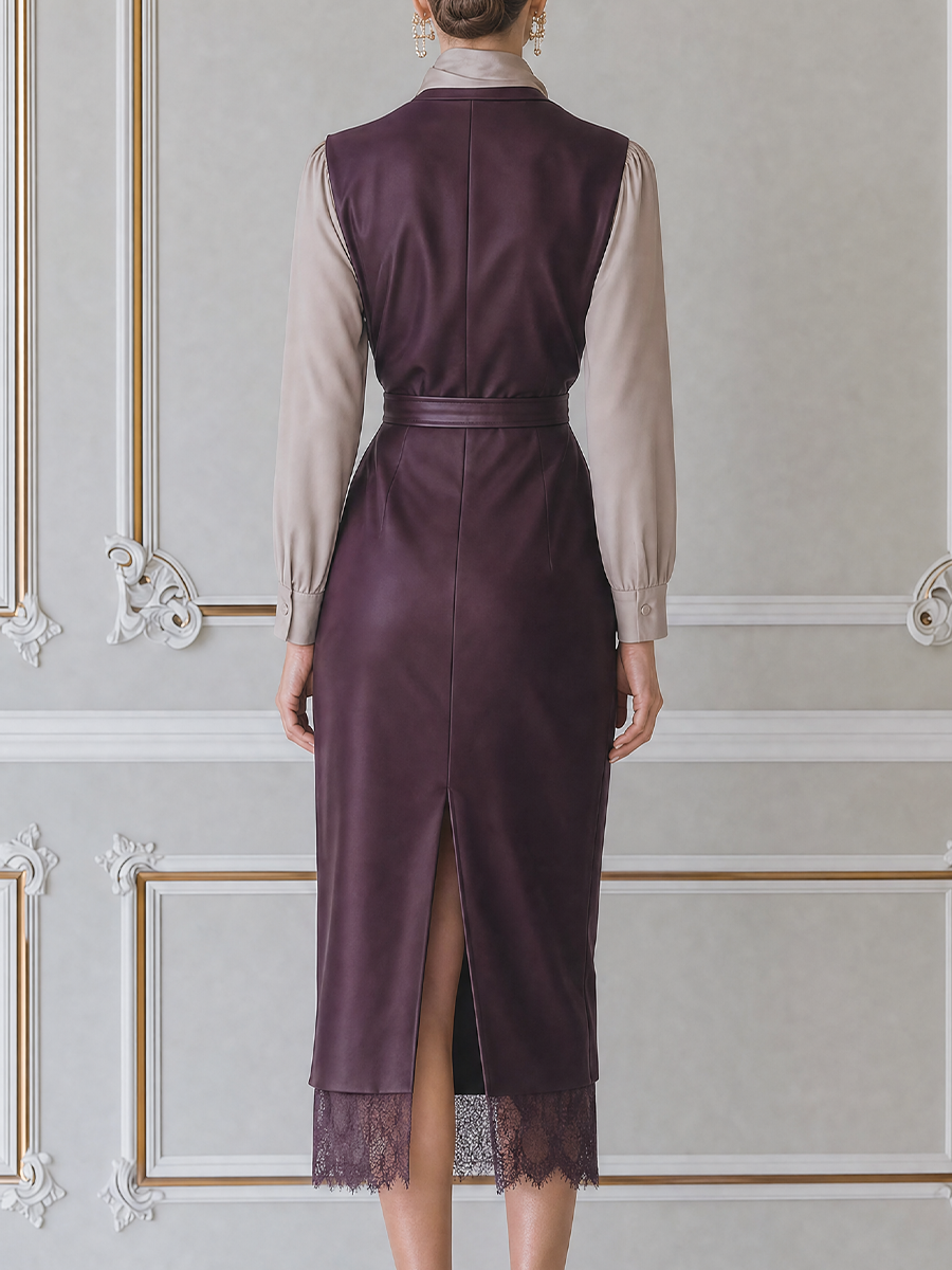 Lace Burgundy Color Block Satin Midi Dress