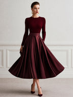Ribbed Knit Bodice Satin A-Line Midi Dress