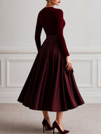 Ribbed Knit Bodice Satin A-Line Midi Dress