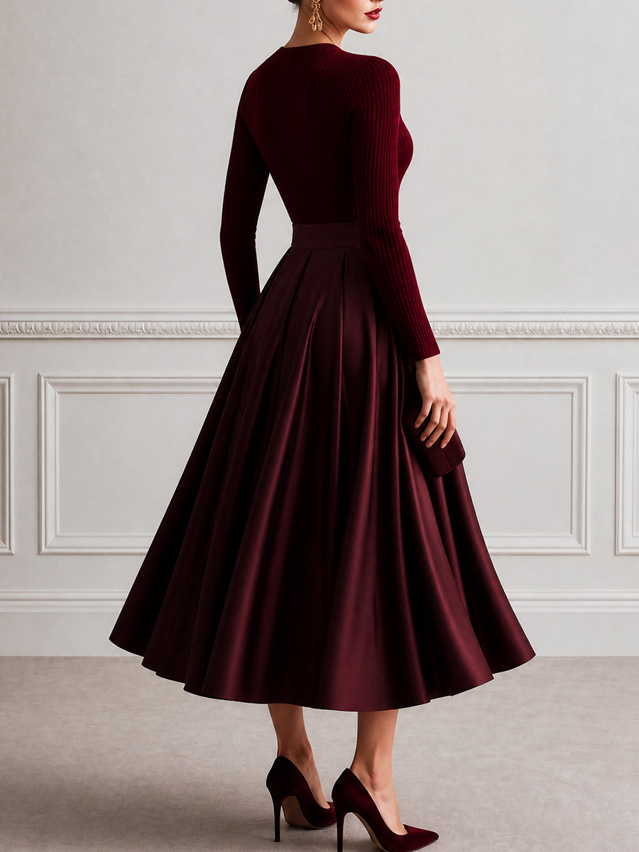 Ribbed Knit Bodice Satin A-Line Midi Dress