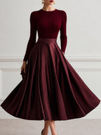 Ribbed Knit Bodice Satin A-Line Midi Dress