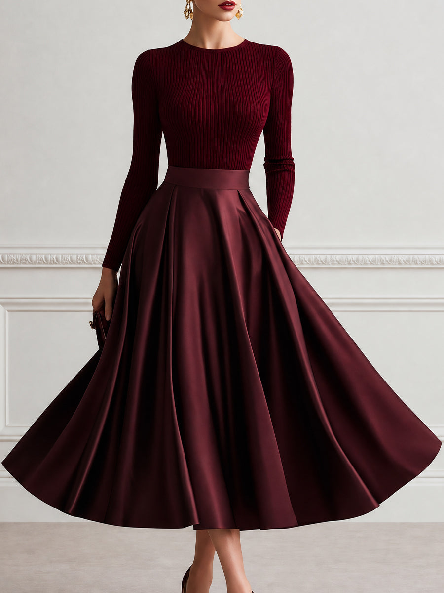 Ribbed Knit Bodice Satin A-Line Midi Dress