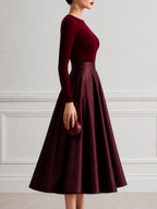 Ribbed Knit Bodice Satin A-Line Midi Dress