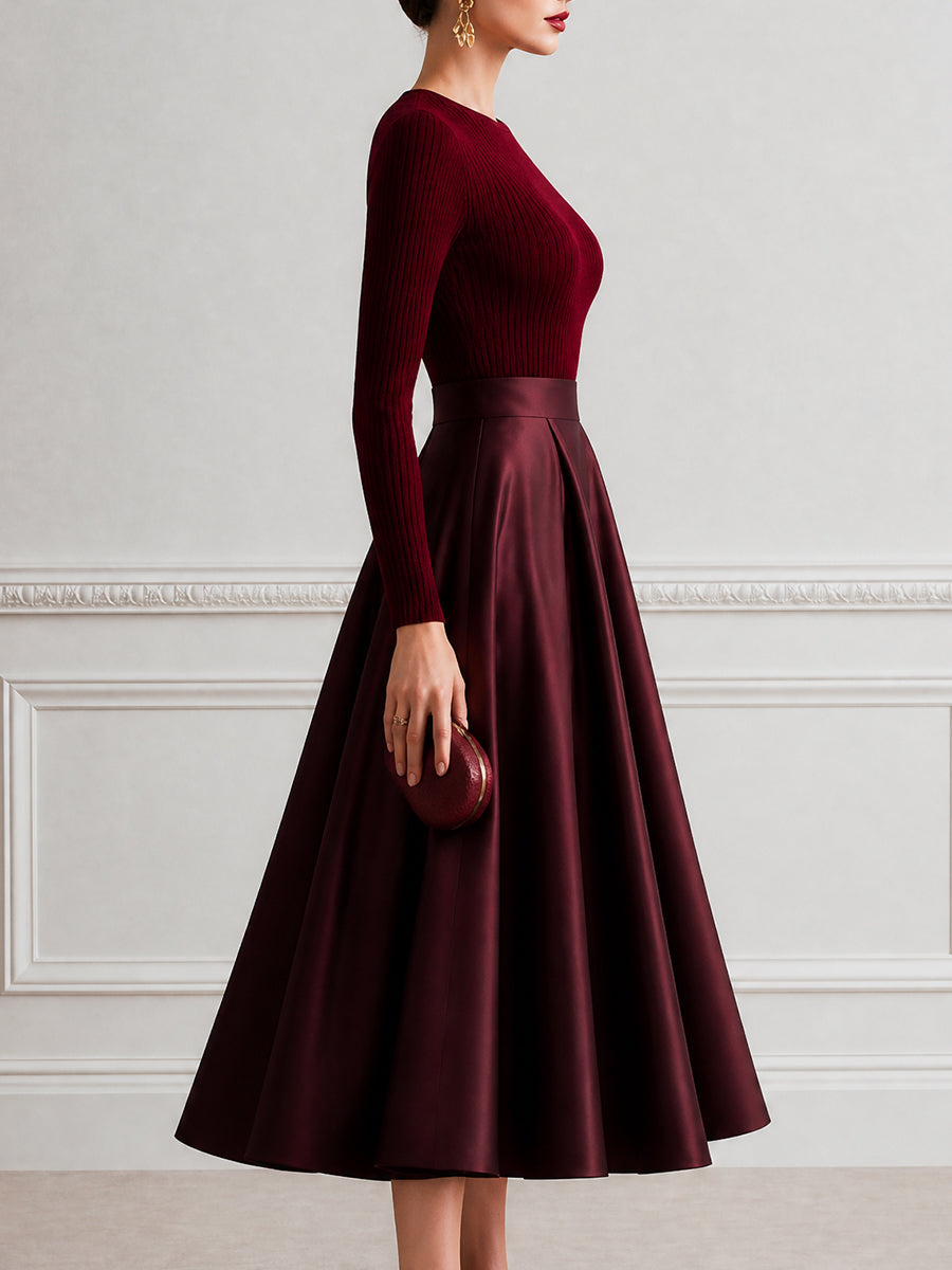 Ribbed Knit Bodice Satin A-Line Midi Dress